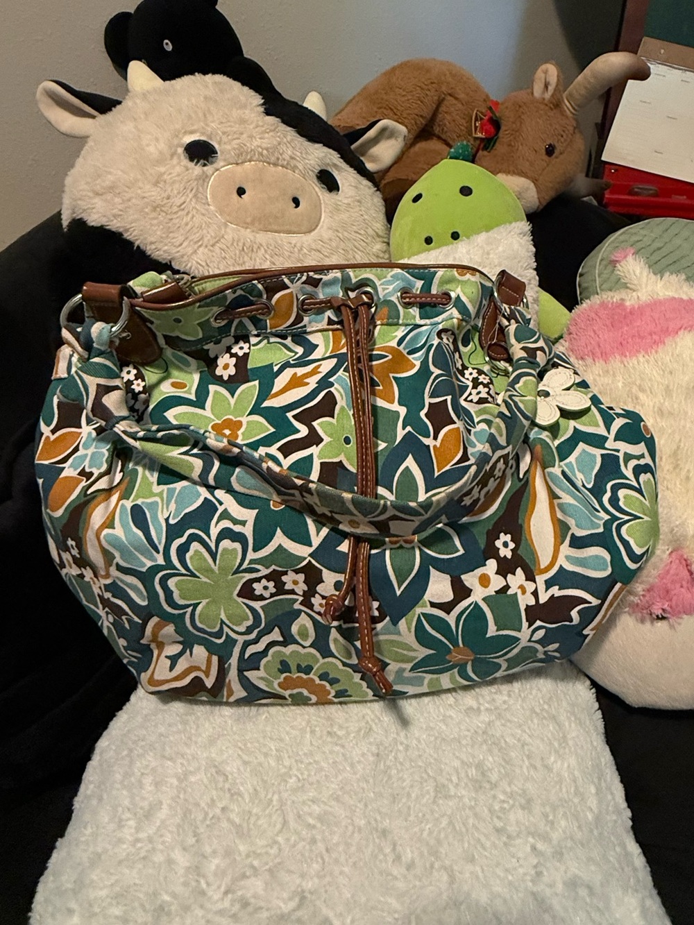 Canvas Floral Tote Bag with Brown Trim - Green/Teal Floral